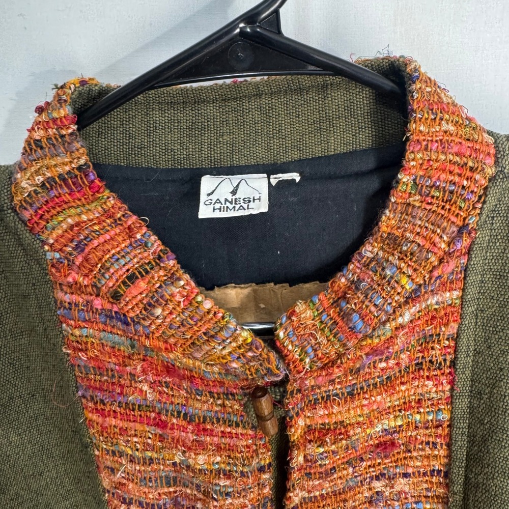 Ganesh Himal Jacket Womens XL Green Multi Woven Cotton Handmade Nepal Toggle‎ - Picture 3 of 16